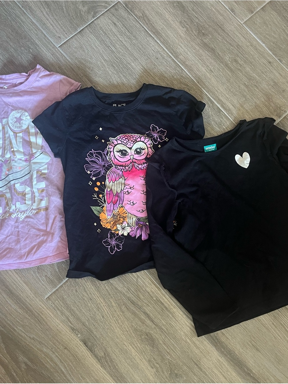 Pink shirt, Black Short Sleeve Owl Graphic tee and long sleeve black tee
